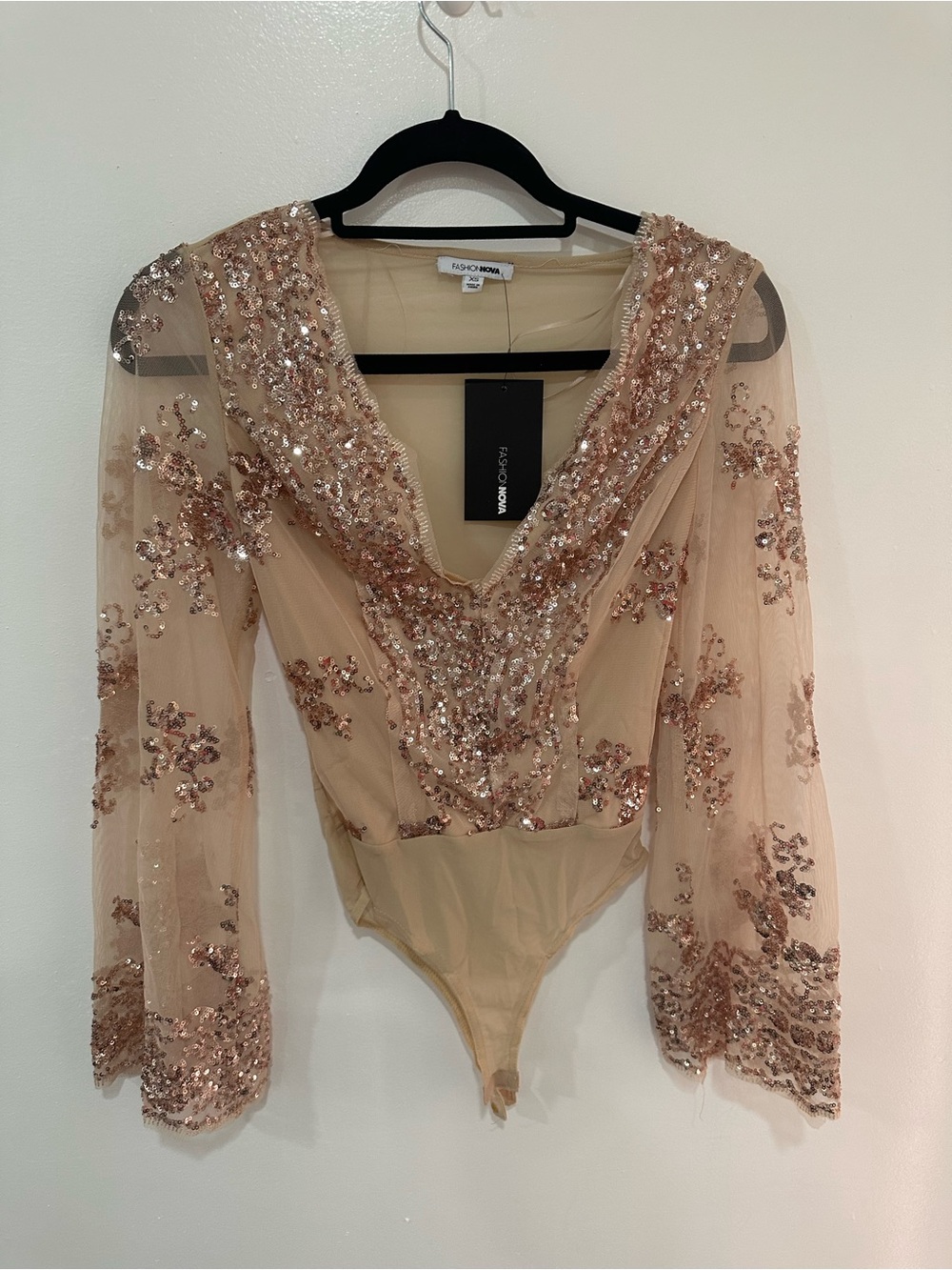 Fashion Nova Rose Gold Sequin Mesh Bodysuit